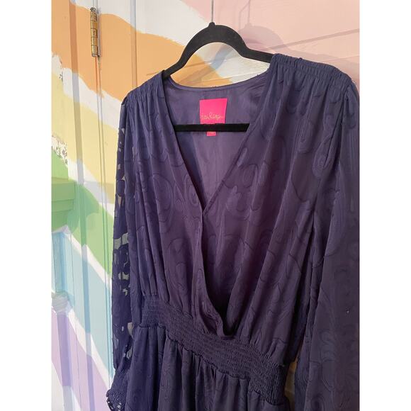 Lilly Pulitzer Navy Jacquard Long Sleeve Smocked Waist Mini Dress 12 - Picture 7 of 12